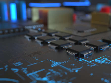 computer chips close up. 3D render on the topic of technologies and large calculationsの写真素材