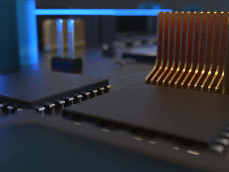computer chips close up. 3D render on the topic of technologies and large calculations