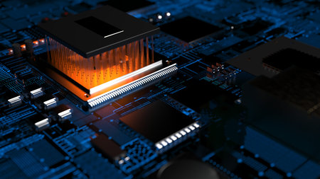 processor chip on a printed circuit board in red backlight. 3d illustration on the topic of...