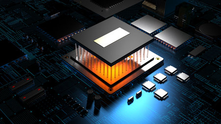 processor chip on a printed circuit board in red backlight. 3d illustration on the topic of...