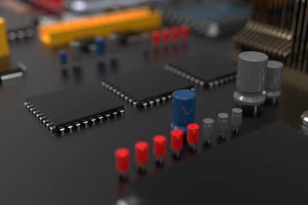 printed circuit board with microchips, processors and other computer parts. 3D render on the topic...