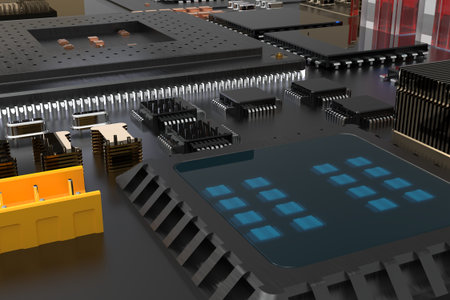 printed circuit board with microchips, processors and other computer parts. 3D render on the topic...