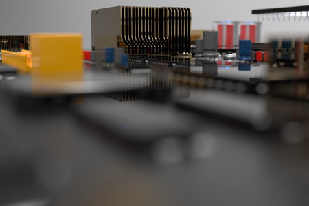 printed circuit board with microchips, processors and other computer parts. 3D render on the topic...