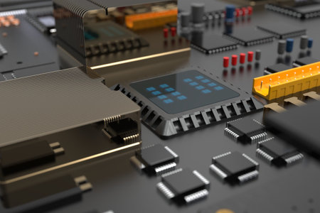 printed circuit board with microchips, processors and other computer parts. 3D render on the topic...