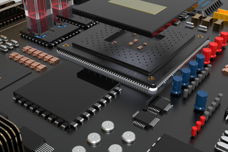 printed circuit board with microchips, processors and other computer parts. 3D render on the topic...