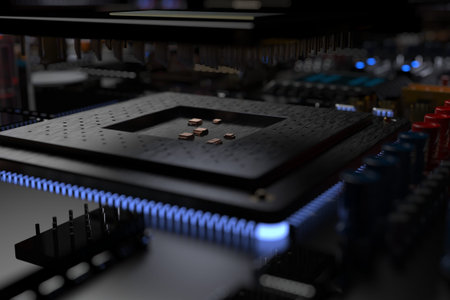 printed circuit board with microchips, processors and other computer parts. 3d rendering