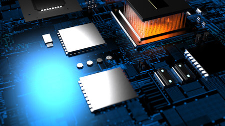 processor chip on a printed circuit board in red backlight. 3d illustration on the topic of...