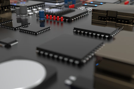 printed circuit board with microchips, processors and other computer parts. 3D render on the topic...