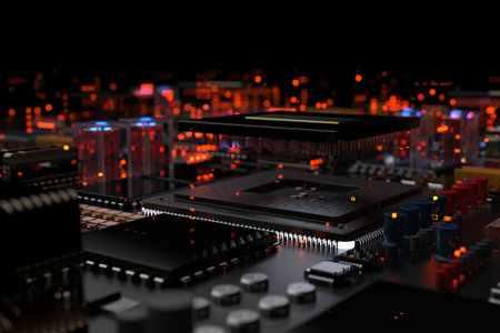 A processor chip on a motherboard is a printed circuit board with microchips, processors and other...