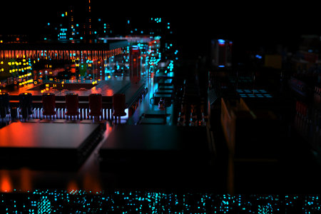 A processor chip on a motherboard is a printed circuit board with microchips, processors and other computer parts in the abstraction of the city of the future. 3d renderingの写真素材