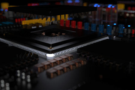 printed circuit board with microchips, processors and other computer parts on a dark background. 3d...