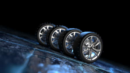 Winter tires on ice. car safety and driving conceptの写真素材