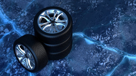 Winter tires on ice. car safety and driving conceptの写真素材