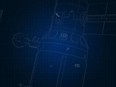 drafting silhouette of spaceship and its parts on blue graph paperの写真素材