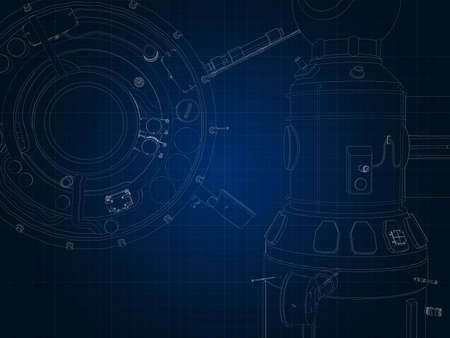 drafting silhouette of spaceship and its parts on blue graph paperの写真素材