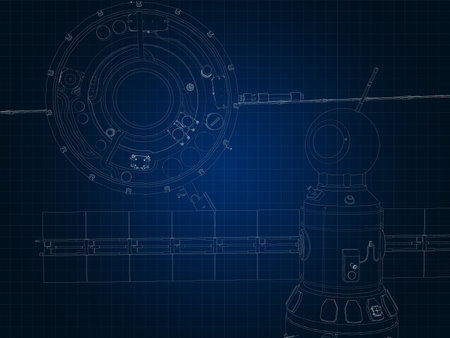 drafting silhouette of spaceship and its parts on blue graph paperの写真素材