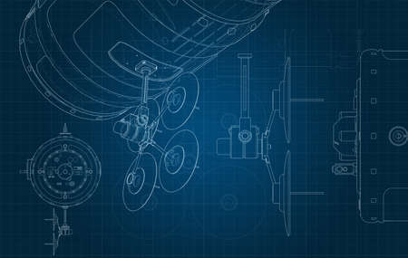 drawing of a space satellite and its parts on a blue millimeter substrateの写真素材