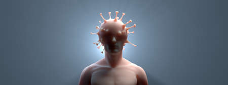 human and covid-19 virus in a person's head. concept of illustration of a worldwide solution to problems in connection with a pandemic and the absurdity of the situation. 3d renderingの写真素材