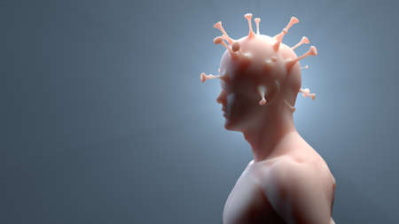 human and covid-19 virus in a person's head. concept of illustration of a worldwide solution to problems in connection with a pandemic and the absurdity of the situation. 3d renderingの写真素材