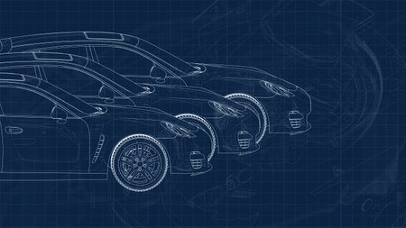 drawing of a car and its parts on a blue millimeter substrateの写真素材