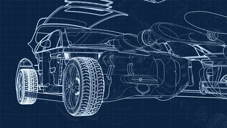 drawing of a car and its parts on a blue millimeter substrateの写真素材