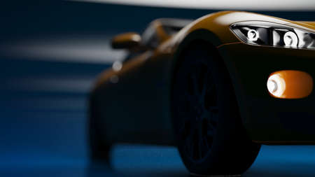 auto yellow. 3d illustration of fragments of vehicles on a blue uniform background.の写真素材