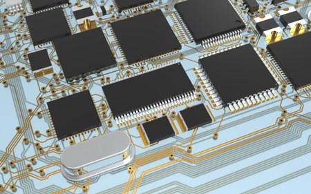 processor chip on a printed circuit board in red backlight. 3d illustration on the topic of...