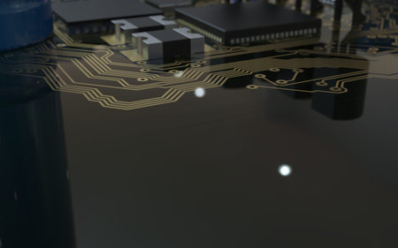 processor chip on a printed circuit board in red backlight. 3d illustration on the topic of...