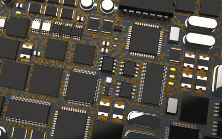 processor chip on a printed circuit board in red backlight. 3d illustration on the topic of...