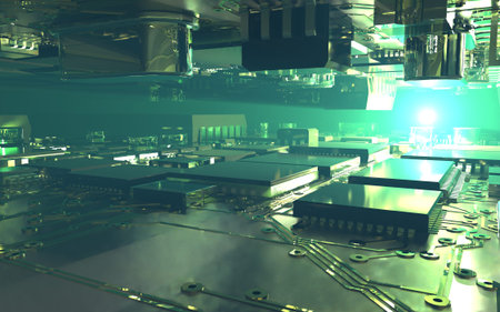 processor chip on a printed circuit board in red backlight. 3d illustration on the topic of...