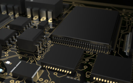 processor chip on a printed circuit board in red backlight. 3d illustration on the topic of...
