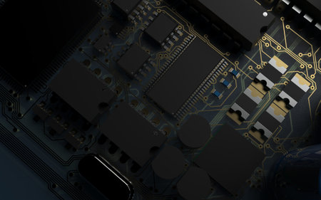 processor chip on a printed circuit board in red backlight. 3d illustration on the topic of...
