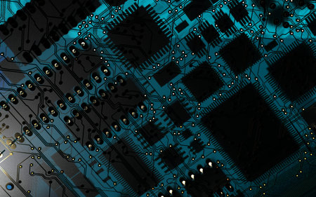 processor chip on a printed circuit board in red backlight. 3d illustration on the topic of...