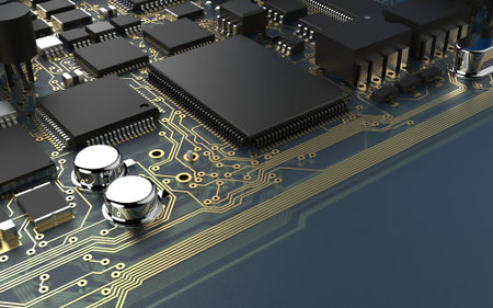 processor chip on a printed circuit board in red backlight. 3d illustration on the topic of...