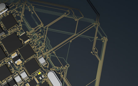 processor chip on a printed circuit board in red backlight. 3d illustration on the topic of...