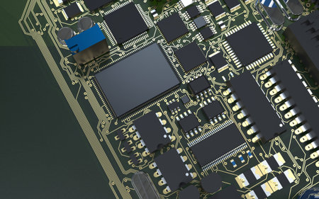 processor chip on a printed circuit board in red backlight. 3d illustration on the topic of...