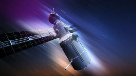 global satellite system. Communication satellite on futuristic space backgroundの写真素材