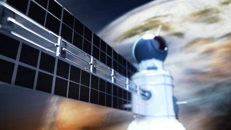 global satellite system. Communication satellite on futuristic space background