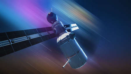 global satellite system. Communication satellite on futuristic space backgroundの写真素材