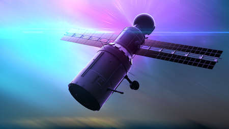 global satellite system. Communication satellite on futuristic space backgroundの写真素材