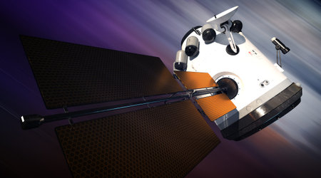 global satellite system. Communication satellite on futuristic space background