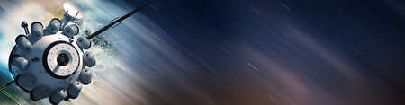 global satellite system. Communication satellite on futuristic space backgroundの写真素材