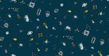 Seamless background for packaging and design with elements of robots and parts.