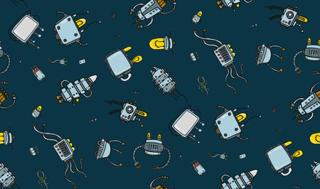 Seamless background for packaging and design with elements of robots and parts.