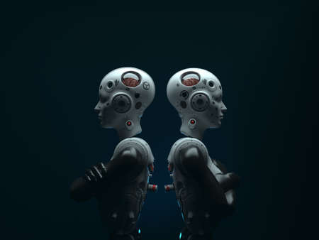portrait of two robotic women standing back to back. abstraction on the topic of technology and games. 3d illustrationの写真素材
