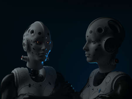 portrait of two robotic women. abstraction on the topic of technology and games. 3d illustrationの写真素材