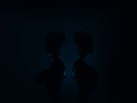 portrait of two robotic women. abstraction on the topic of technology and games. 3d illustrationの写真素材
