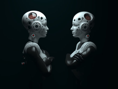 portrait of two robotic women looking at each other. abstraction on the topic of technology and...