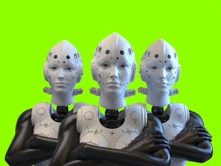 portrait of three robots close-up. isolated 3d illustration for use with light backgroundの写真素材