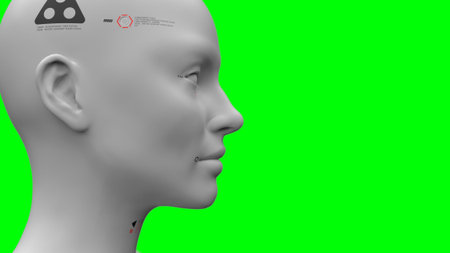 close-up portrait of a robot woman on a green background concept of robotics and artificial...